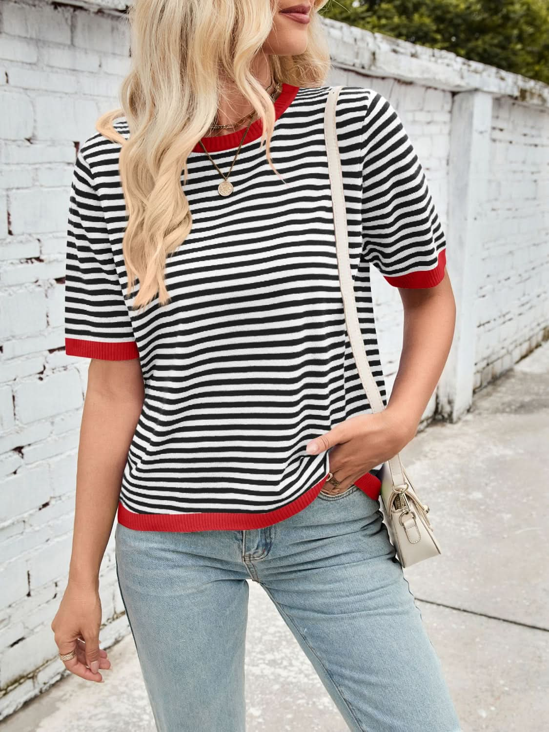 Lovelet Striped Contrast Round Neck Half Sleeve Knit Top