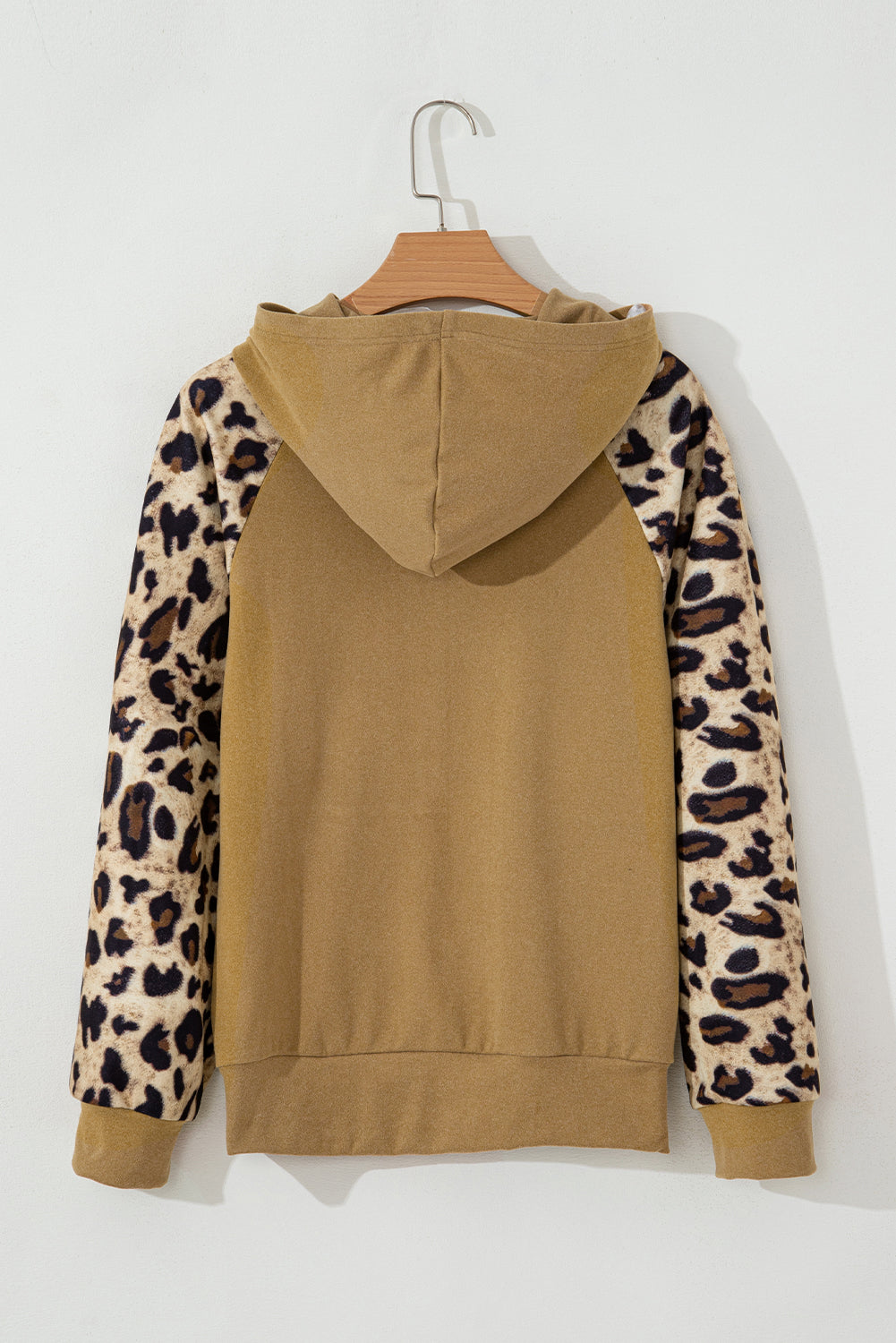 French beige leopard patchwork hoodie with half-button detail and raglan sleeves