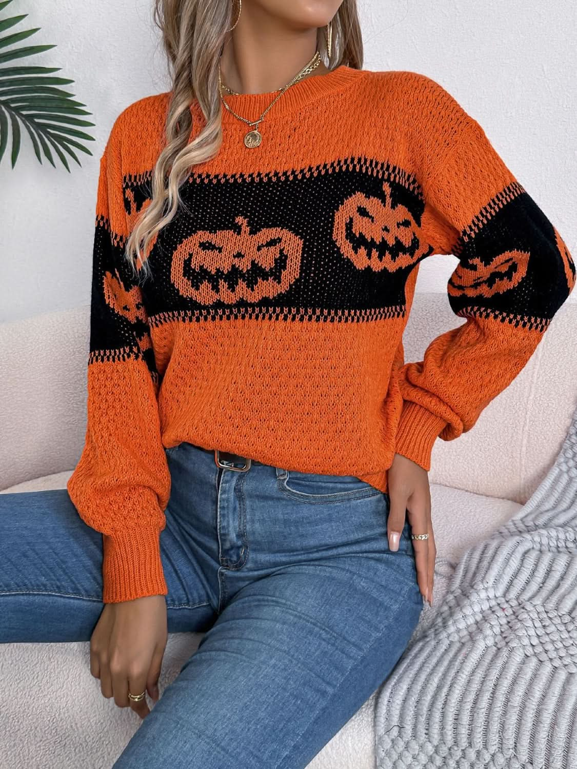 Cozy pumpkin round neck long sleeve pullover