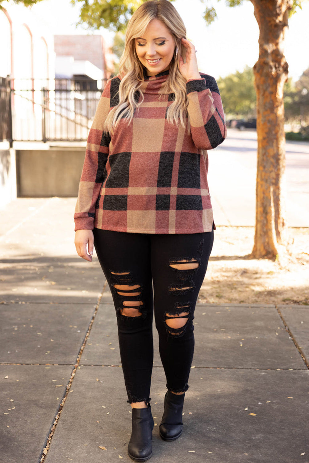 Mineral red plus size plaid top with asymmetric neckline and button details