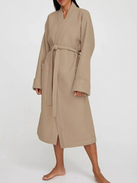 Waffle Knit Tie Waist Lounge Nightgown Simply Love