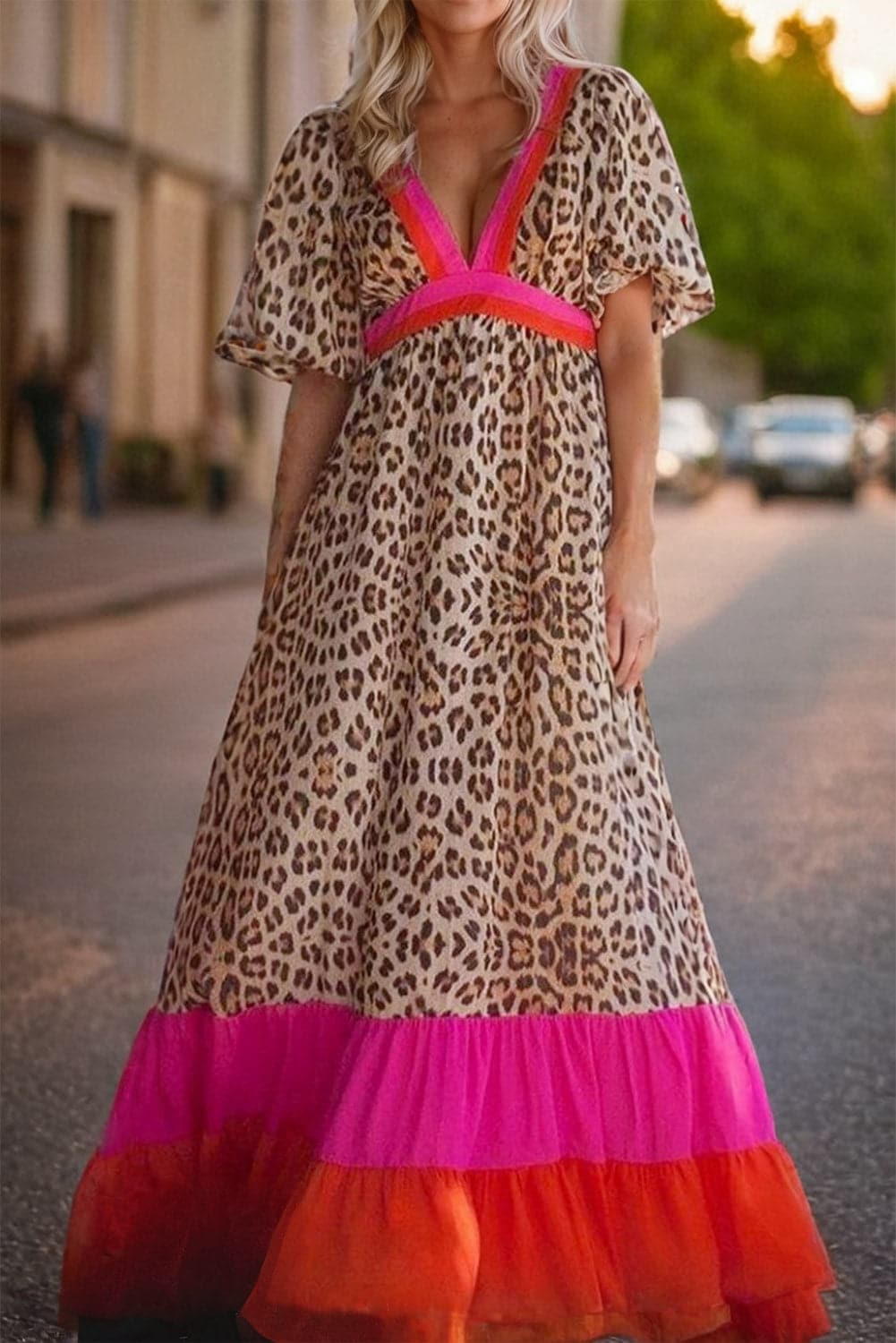 Full Size Leopard V-Neck Half Sleeve Maxi Dress.