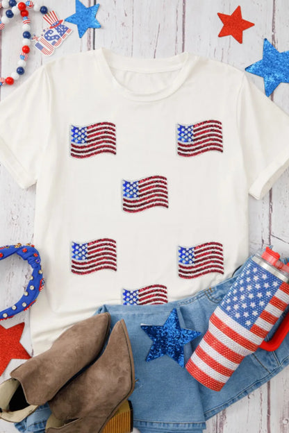 Sequin American Flag Patched Casual T Shirt