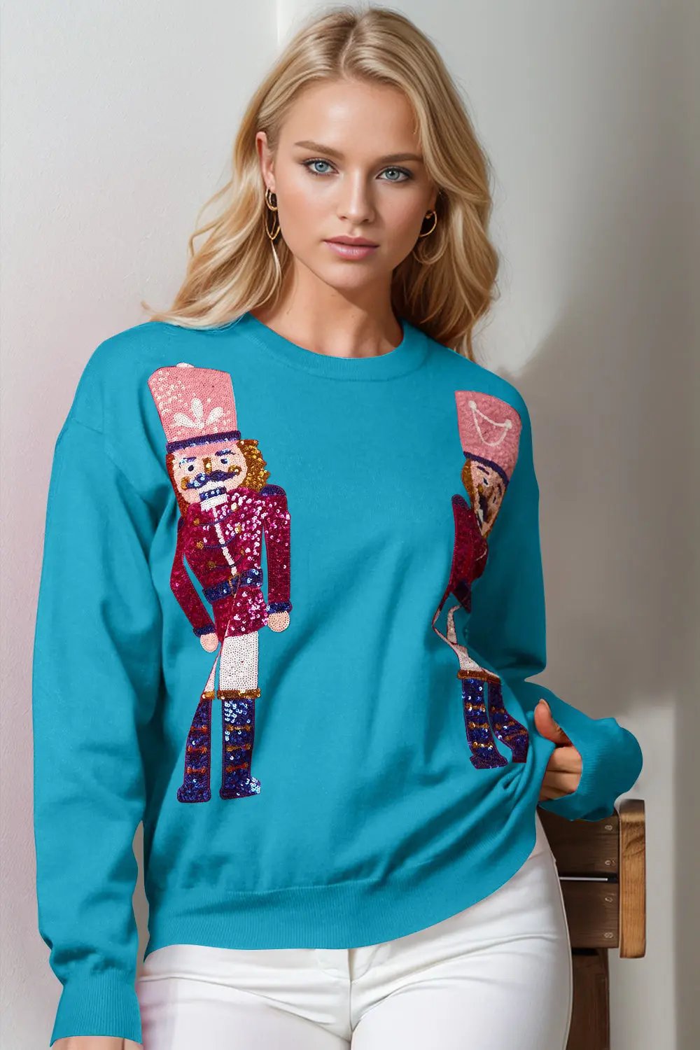 Double Take Full Size Nutcracker Sequin Long Sleeve Sweater - Love Salve
