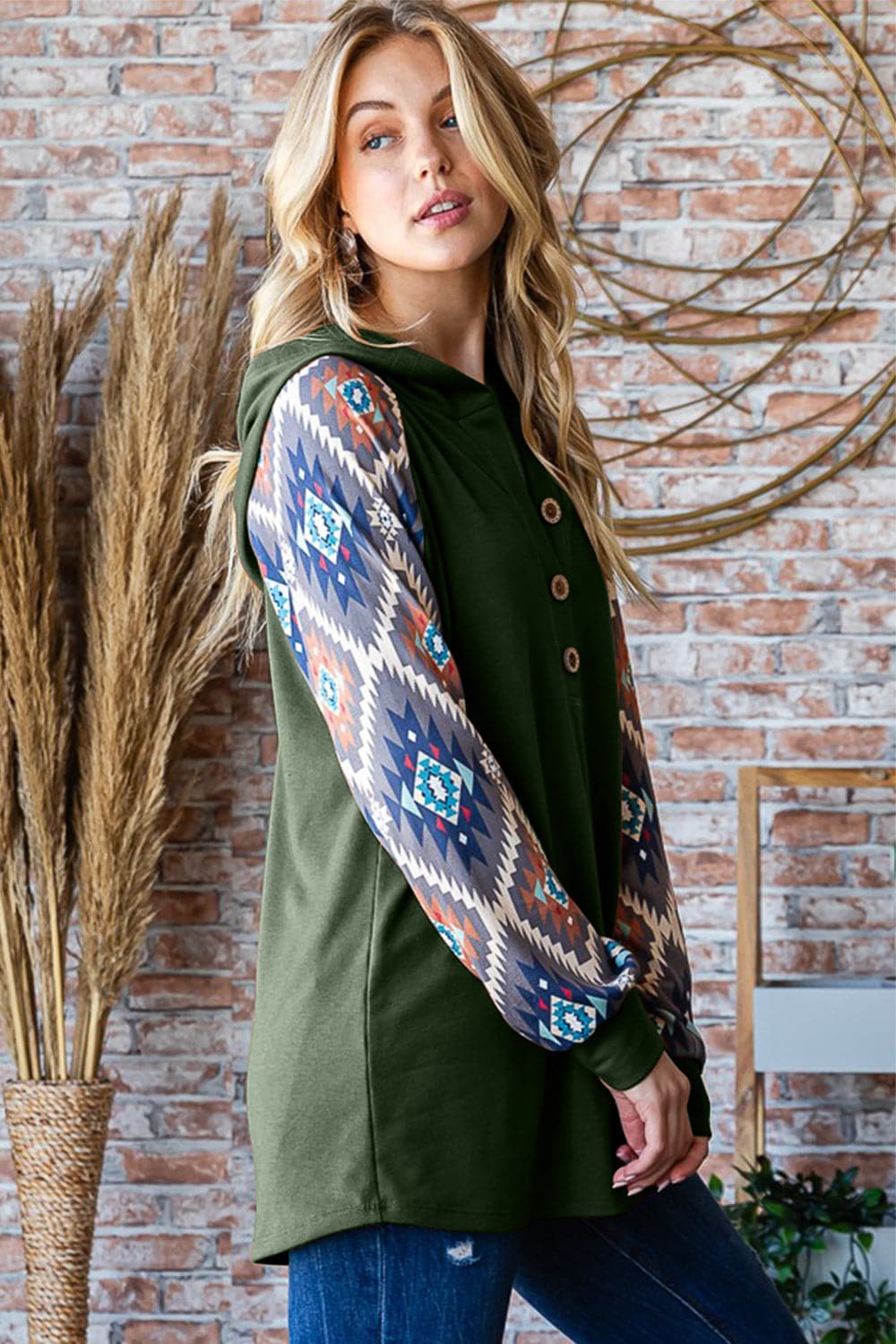 Chic printed half button hoodie