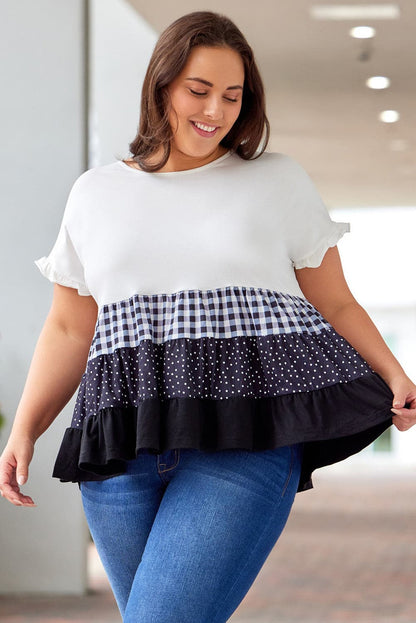 Plus Size Plaid Color Block Tiered Blouse.