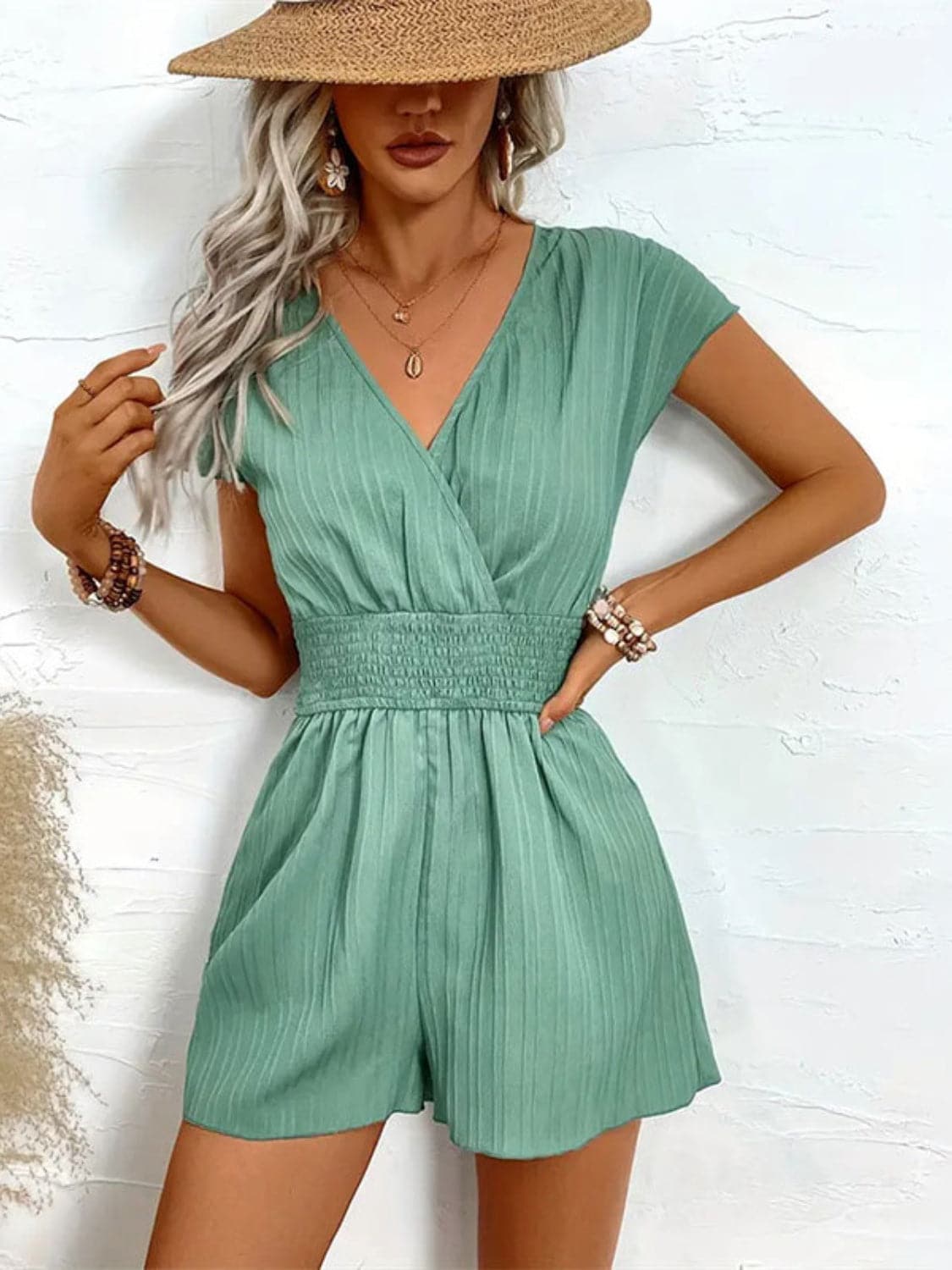 Tied Surplice Short Sleeve Romper.