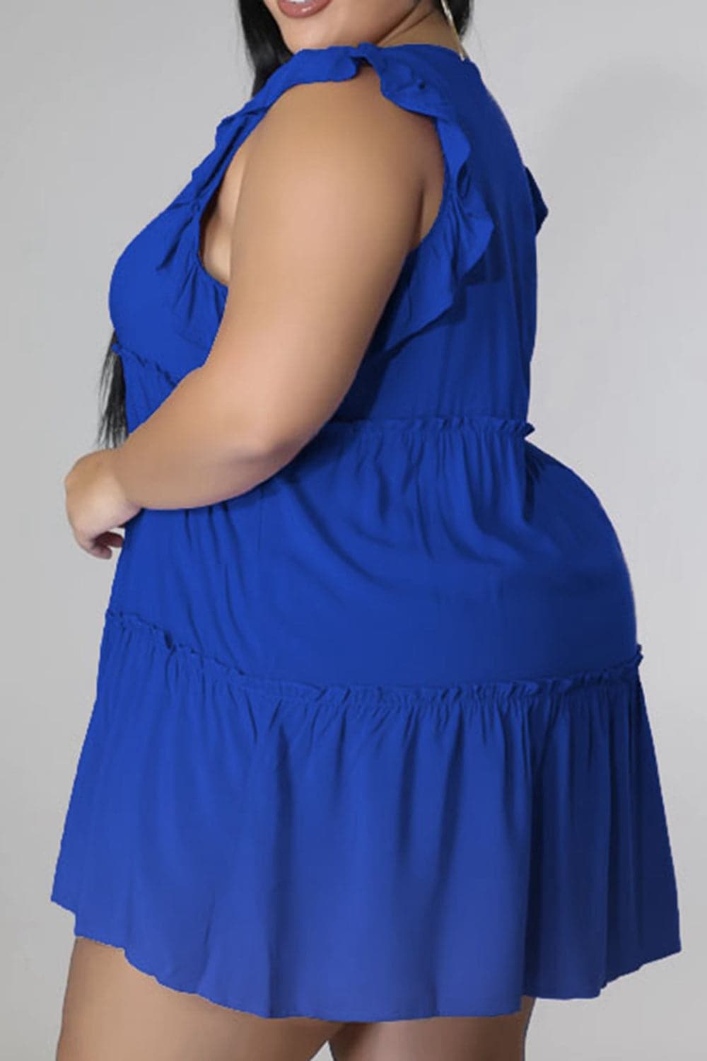 Plus Size V-Neck Frill Trim Mini Dress.