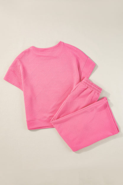 Strawberry Pink Casual Textured T-Shirt and Jogger Pants Ensemble