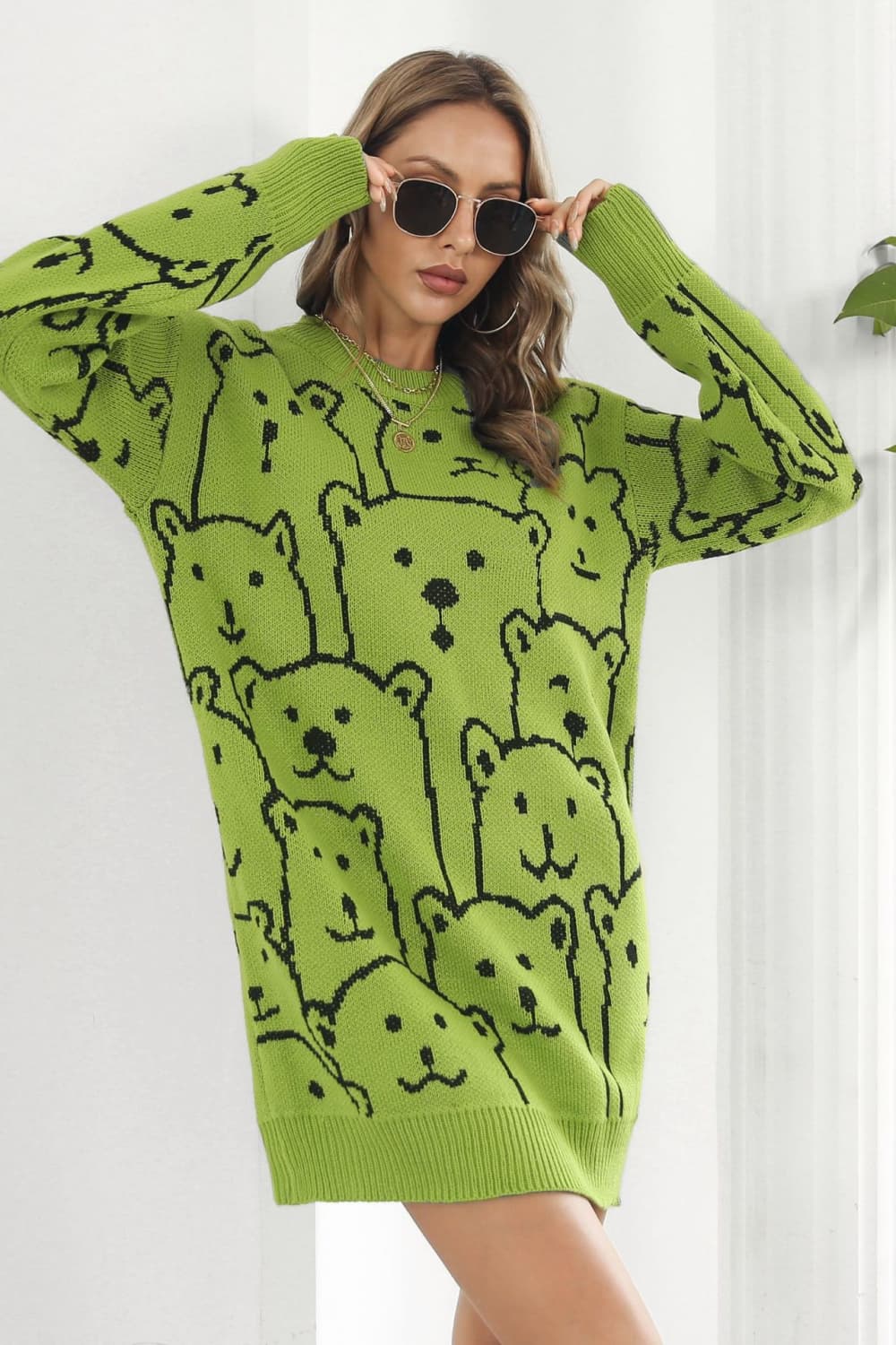 Bear Pattern Round Neck Sweater Dress.