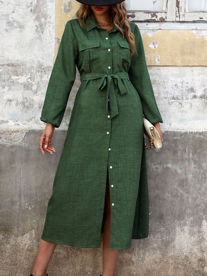 Chic collared midi shirt dress with pockets and button details