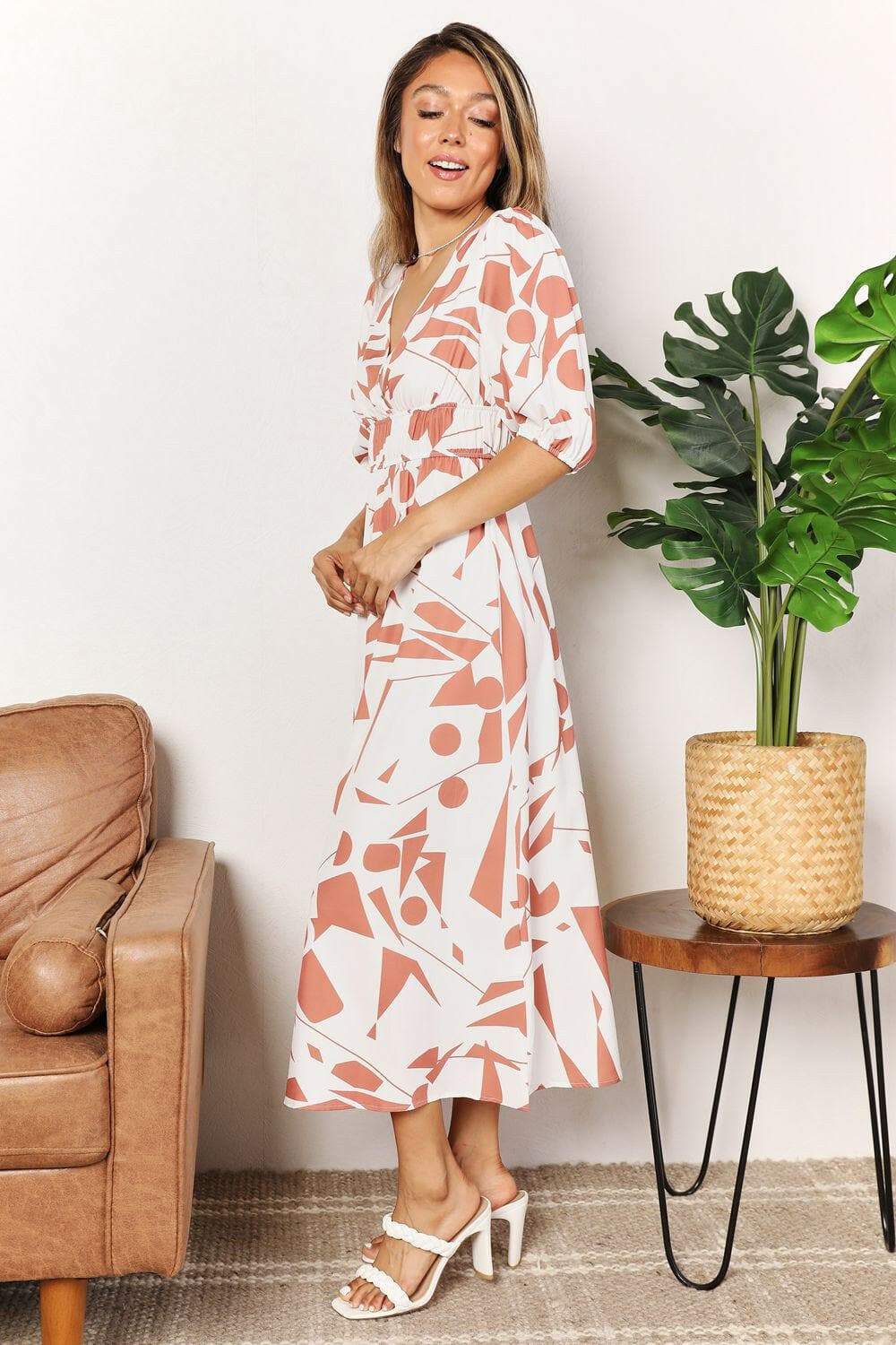 Printed Surplice Balloon Sleeve Dress.