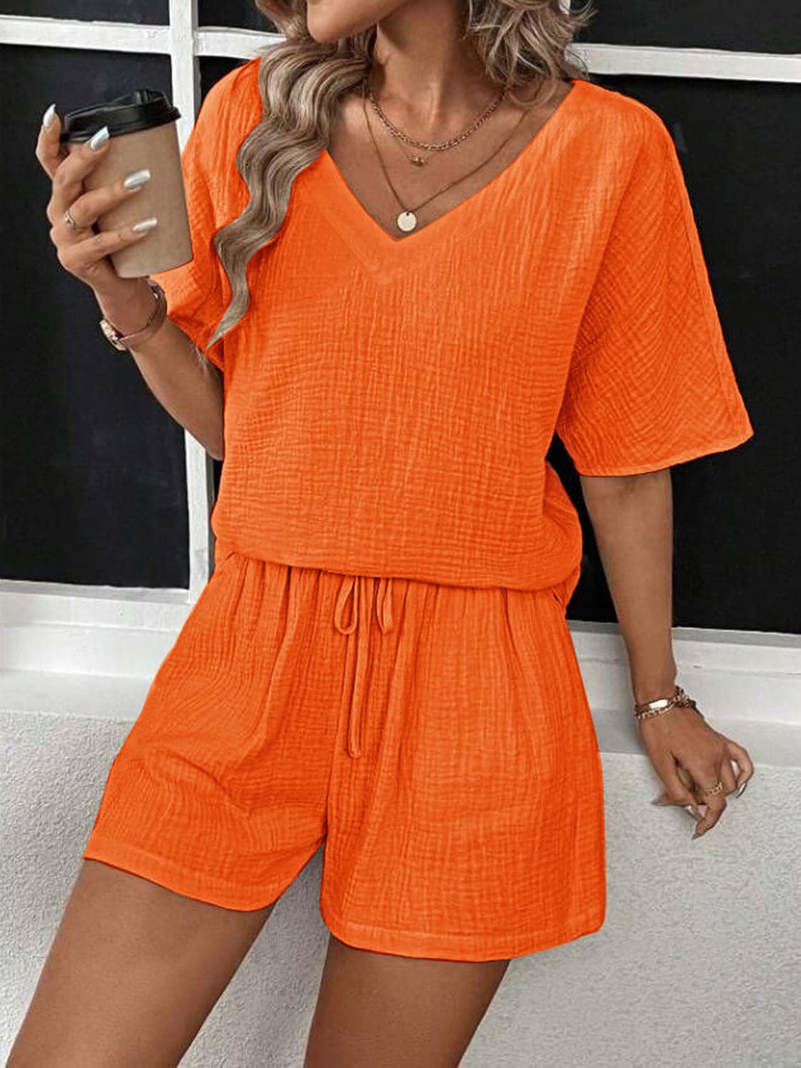 V-Neck Half Sleeve Top and Shorts Set.