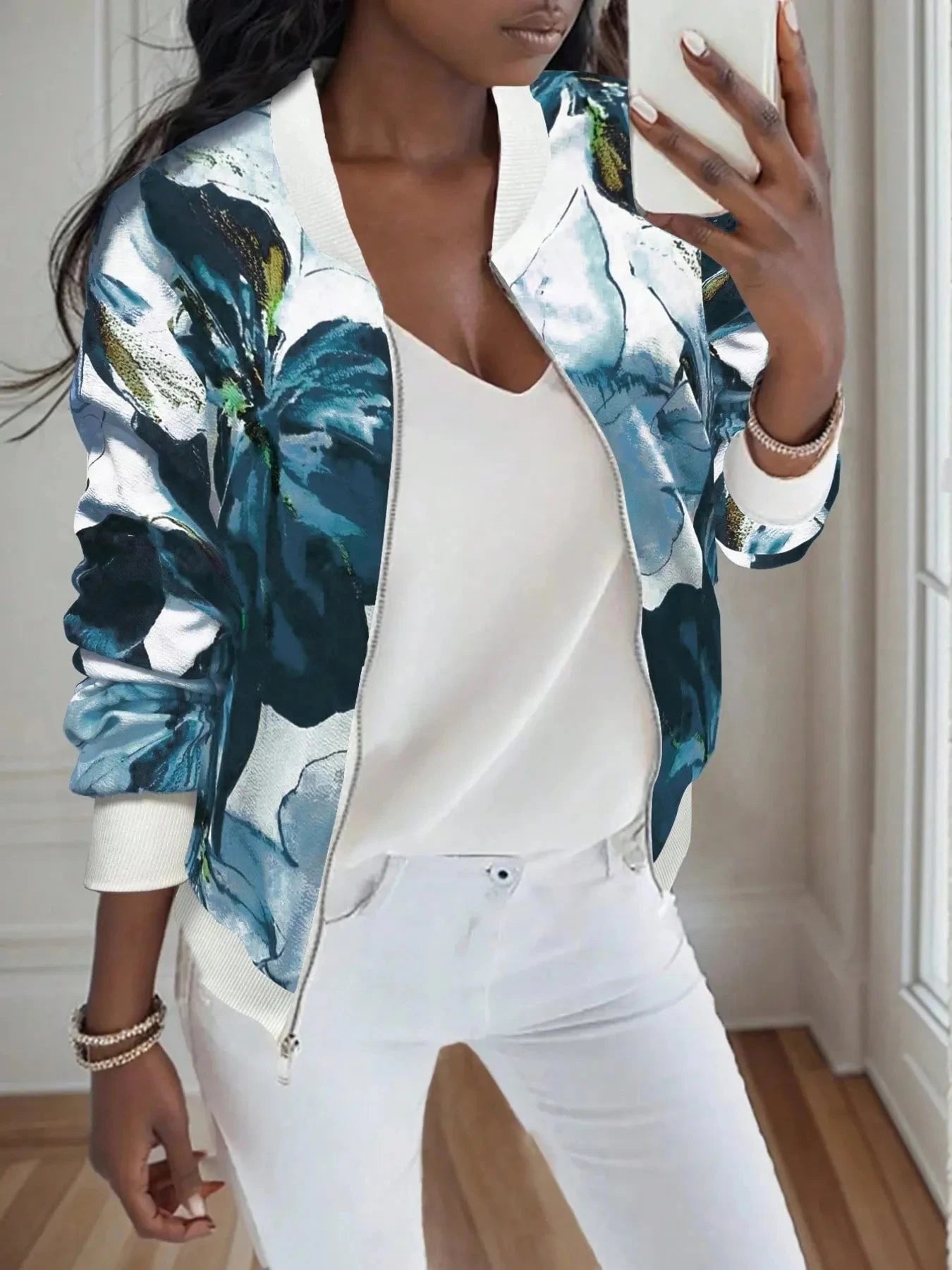 Printed Zip Up Long Sleeve Jacket Coco’s Tee Boutique