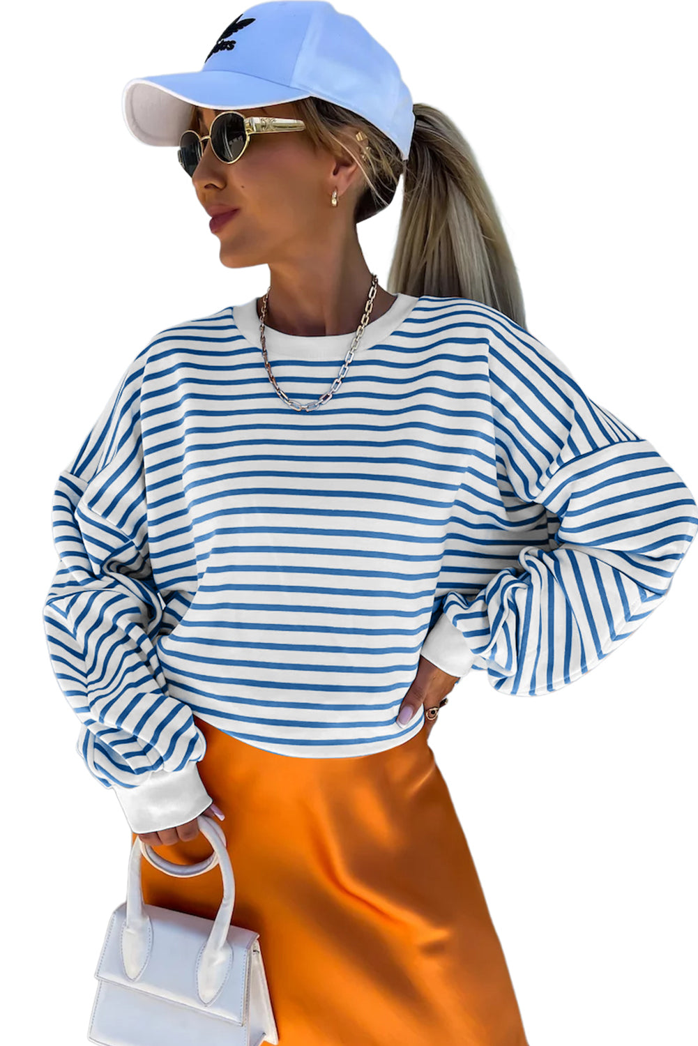 Chic blue striped oversized sweatshirt with drop shoulders