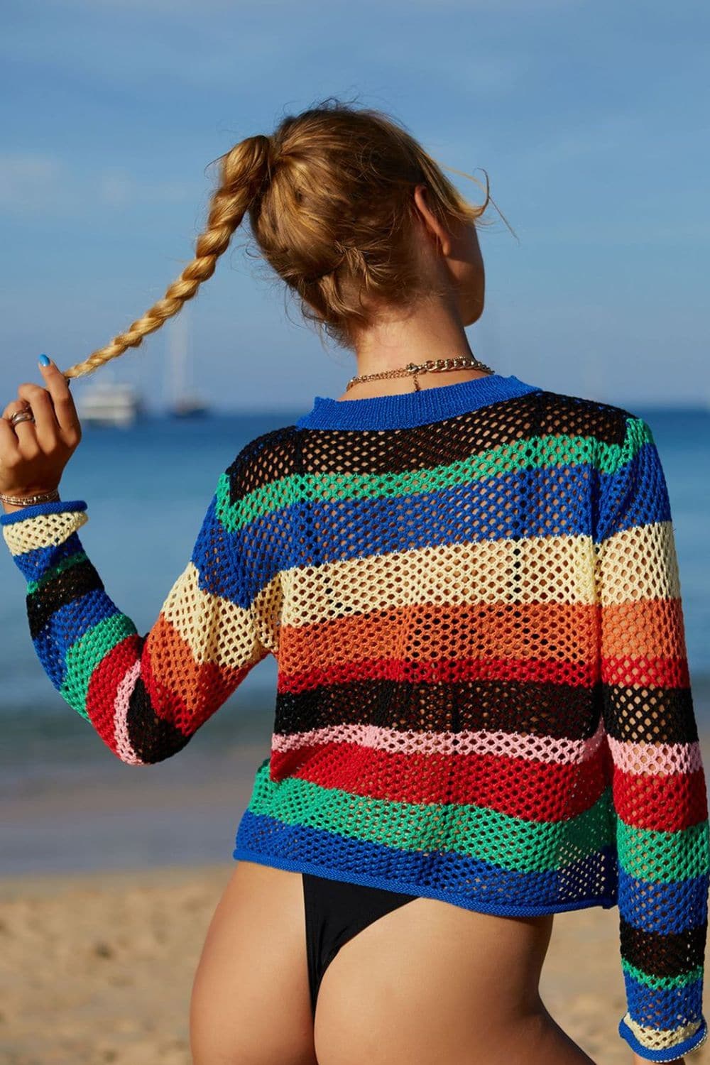 Rainbow Stripe Openwork Long Sleeve Cover-Up.