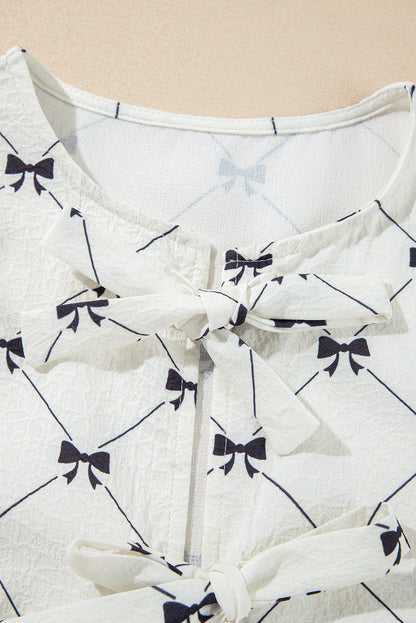 Charming White Bowknot Print Bubble Sleeve Blouse with Front Knots