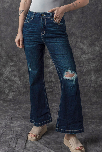 Chic real teal high-waisted ripped flare jeans