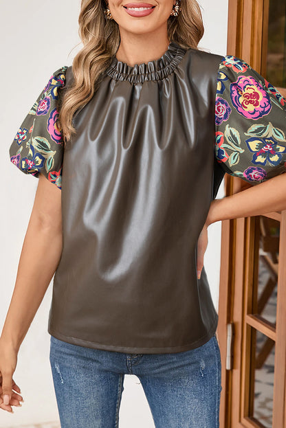 Faux Leather Floral Bubble Sleeve Shift Blouse with Frilled Stand Neck in Four Leaf Clover