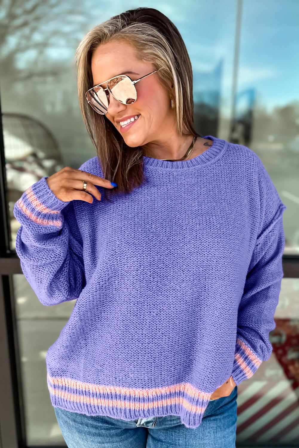 Wisteria Plus Size Striped Trim Knit Drop Shoulder Sweater Loose Fit Dear-Lover Dropshipping