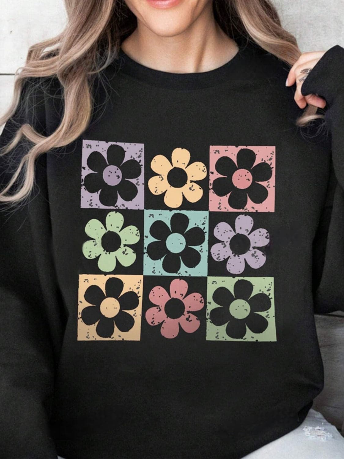 Floral print long sleeve crew neck sweatshirt