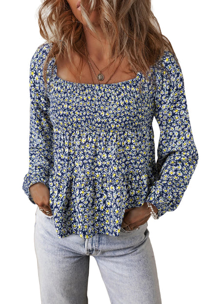 Blue Boho Floral Print Smocked Square Neck Blouse