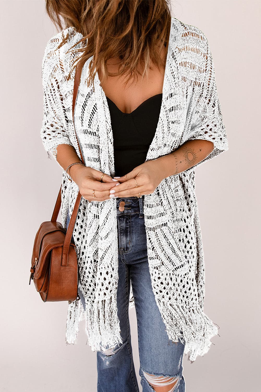 Openwork Open Front Cardigan with Fringes.