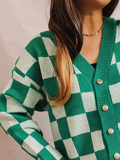 Checkered Open Front Button Up Cardigan.