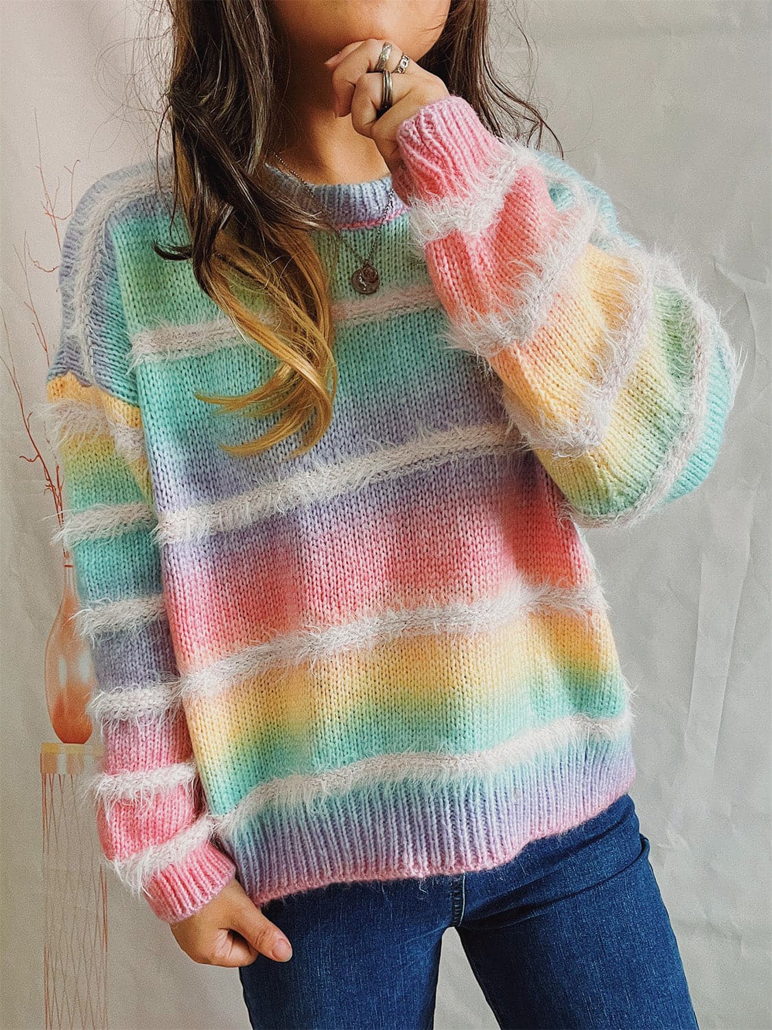 Striped Round Neck Long Sleeve Sweater.