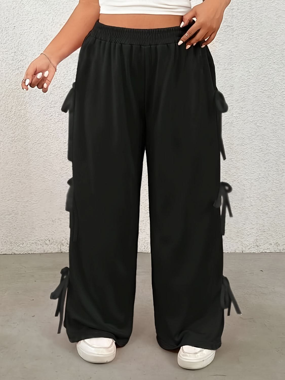 Chic Plus Size Wide Leg Pants with Bow and Elastic Waistband