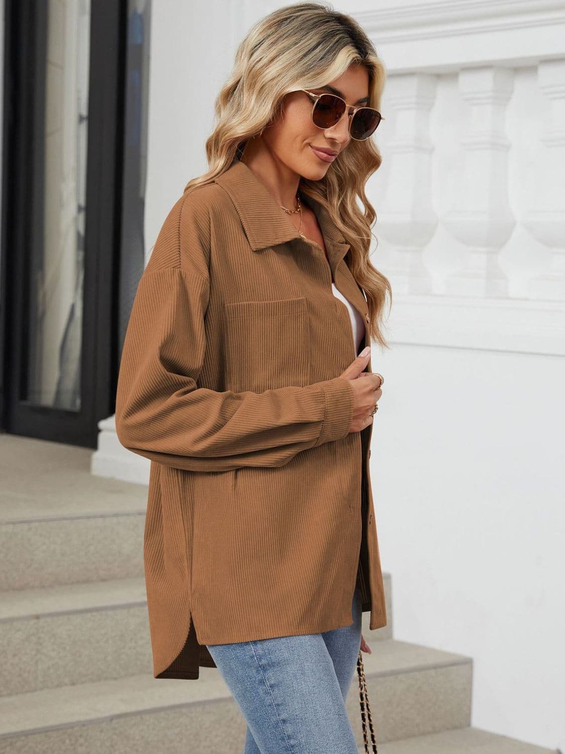 Chic Buttoned Long Sleeve Jacket with Dropped Shoulders