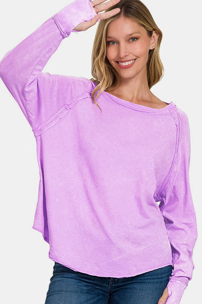 Zenana Round Neck Thumbhole Long Sleeve T-Shirt in pink, featuring exposed seams and 100% cotton.