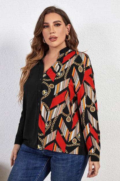 Melo Apparel Plus Size Contrast Color Notched Neck Shirt.