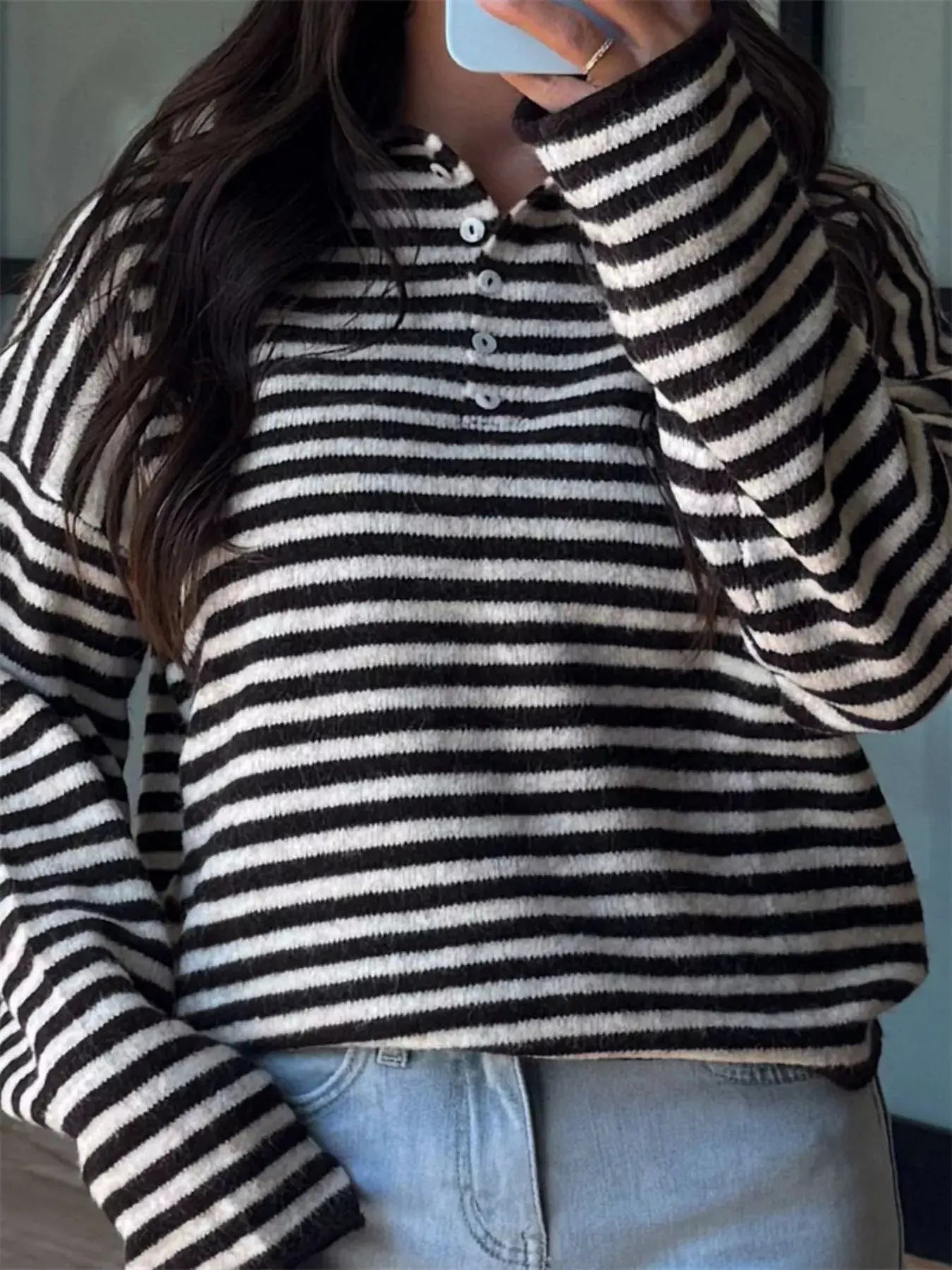 Button Detail Dropped Shoulder Striped Sweater Simply Love
