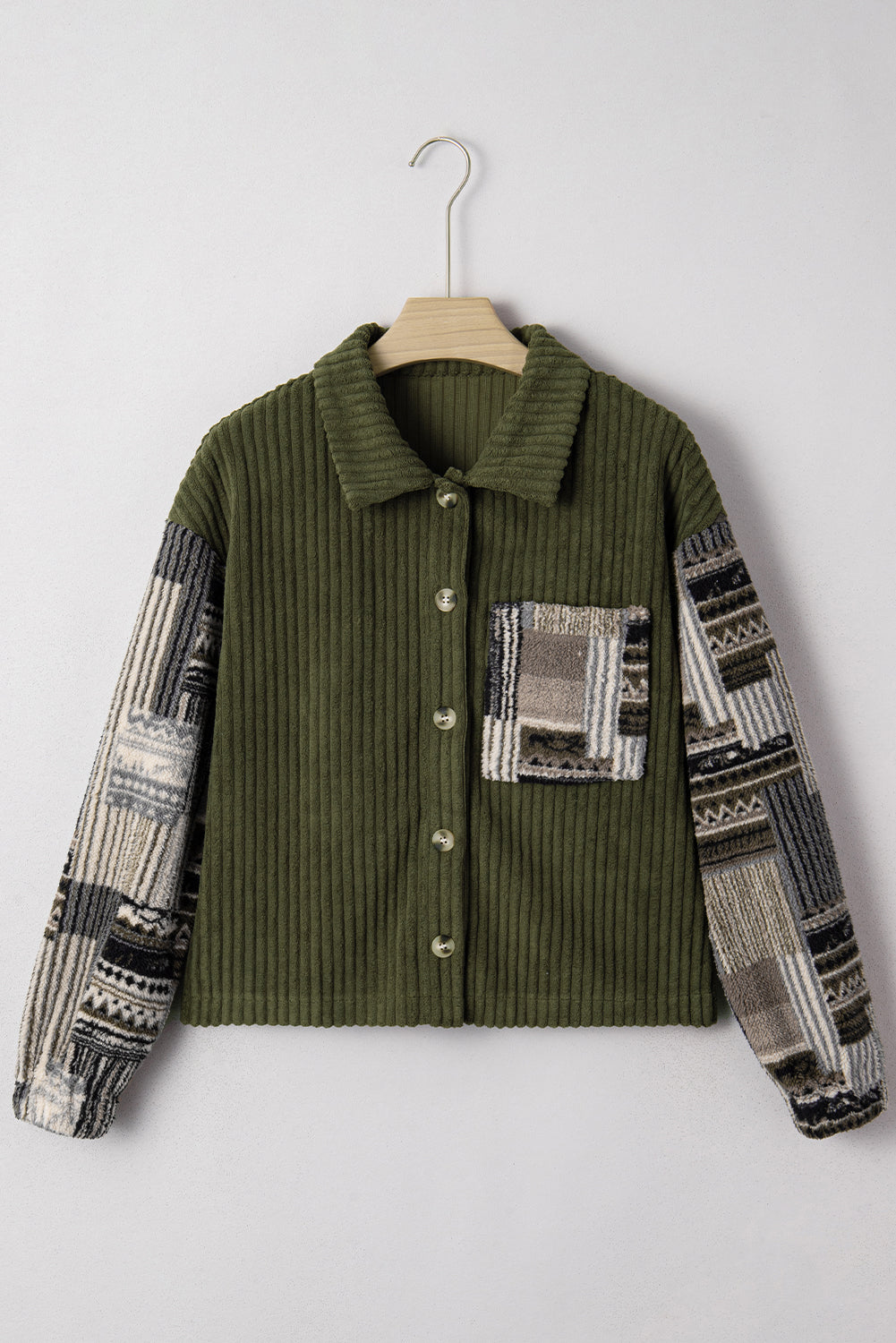 Jungle Green Ribbed Fleece Plaid Print Patchwork Button Up Jacket Cozy Everyday Wear Dear-Lover Dropshipping