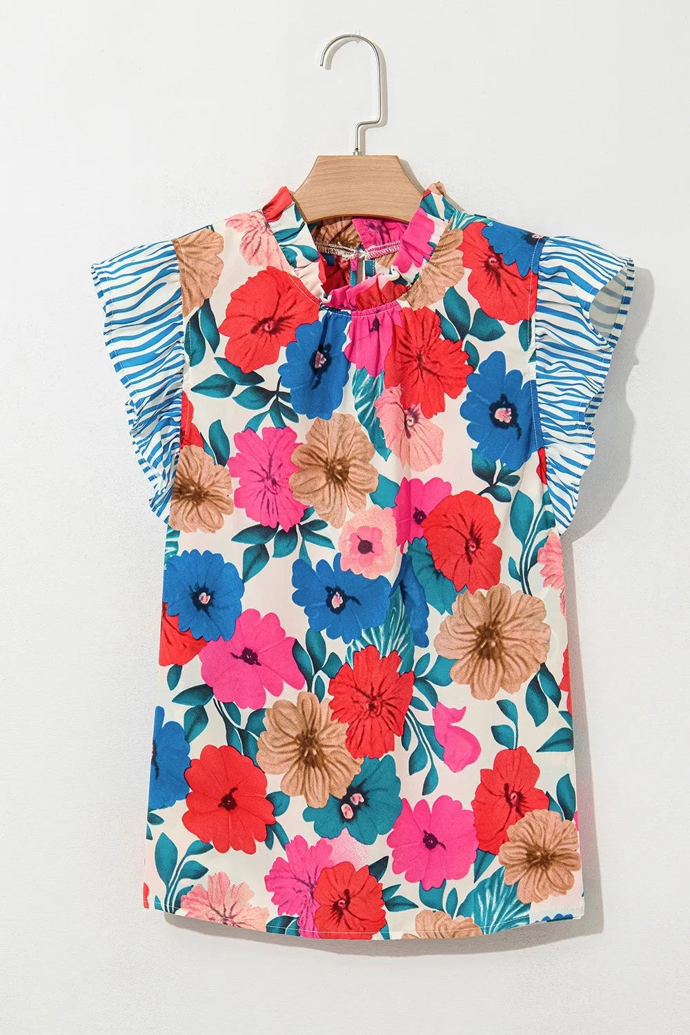 Floral Mock Neck Striped Cap Sleeve Blouse Simply Love