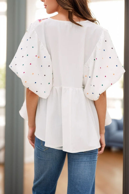 Printed V-Neck Puff Sleeve Blouse.