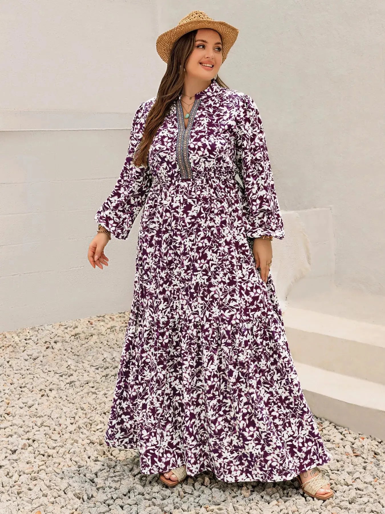 Plus Size Floral Print Maxi Dress with Long Sleeves Simply Love