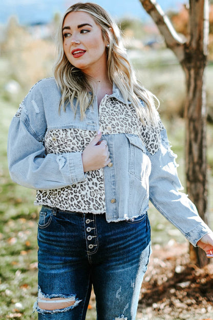 Plus Size Leopard Raw Hem Distressed Spliced Denim Jacket.