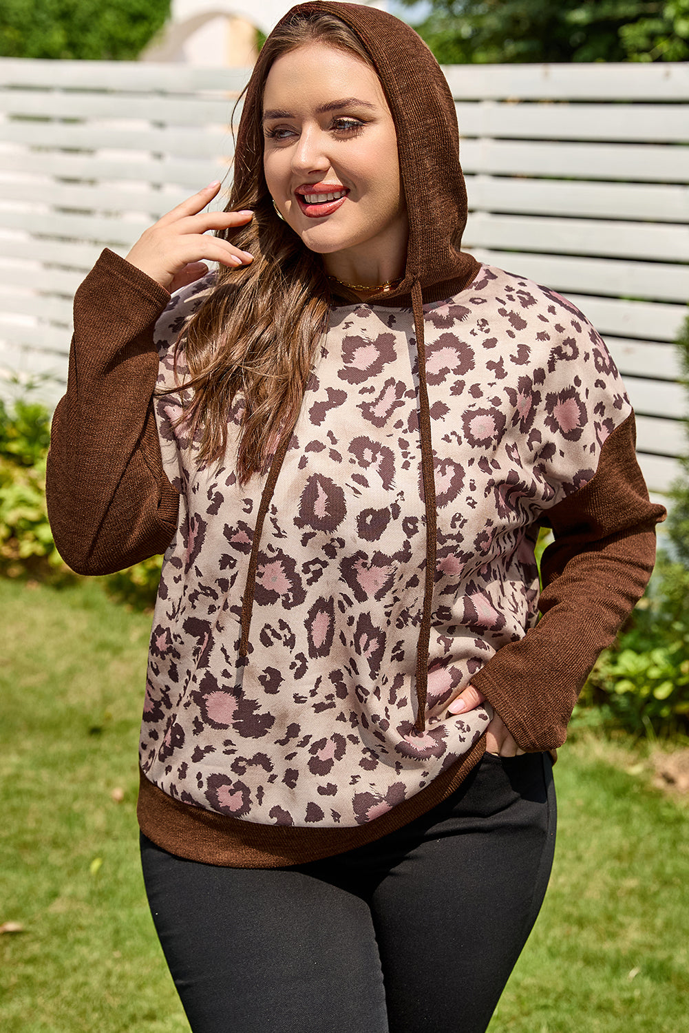 Brown Leopard Print Knit Patchwork Plus Size Hoodie Dear-Lover Dropshipping