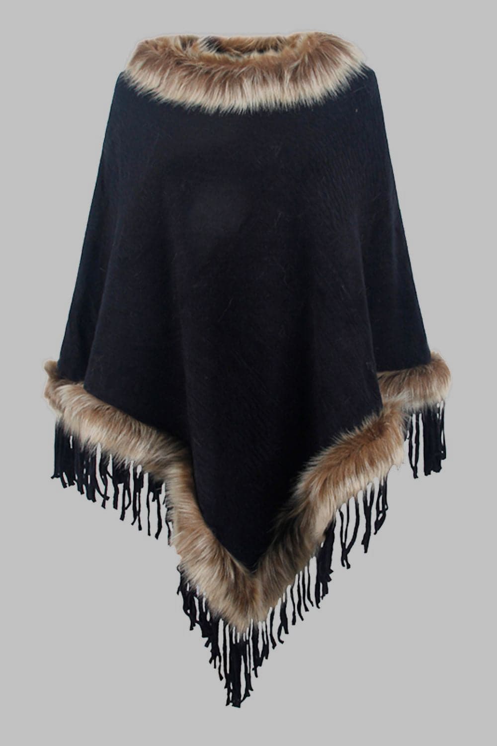 Faux Fur Trim Fringed Poncho.