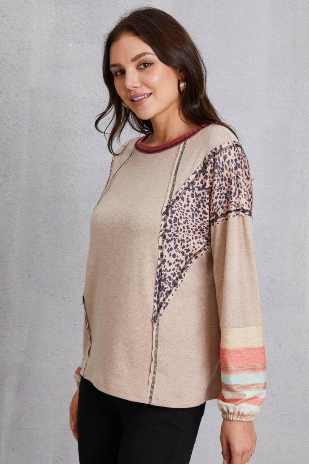 Contrast Stitching Leopard Long Sleeve Blouse.