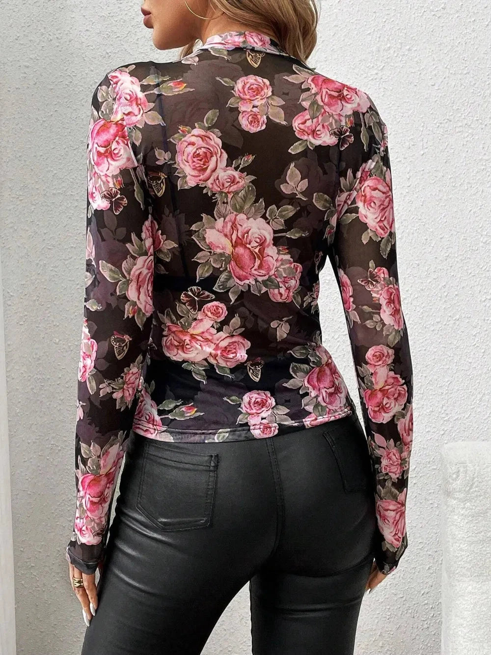 Mesh Floral Mock Neck Long Sleeve Top Coco’s Tee Boutique