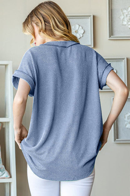 Heimish Full Size Front Pocket Short Sleeve Ribbed Top.