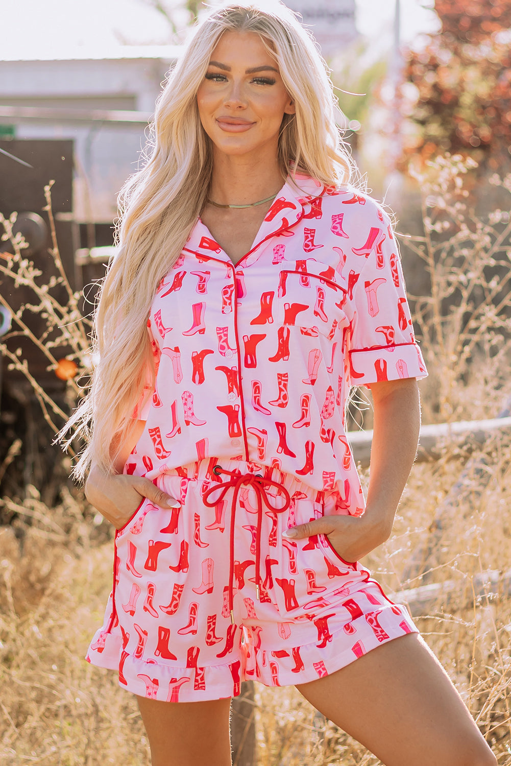 Pink Western Cowgirl Boots Printed Shirt Ruffled Shorts Set