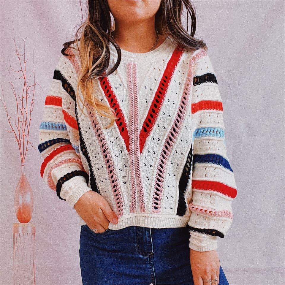 Striped Openwork Round Neck Sweater.