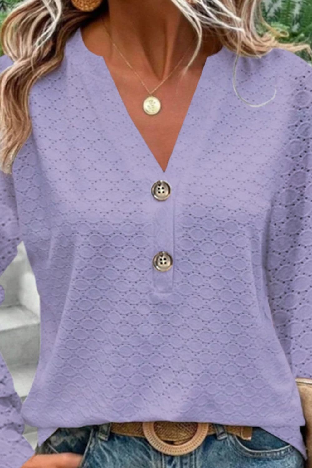 Eyelet Notched Long Sleeve T-Shirt.