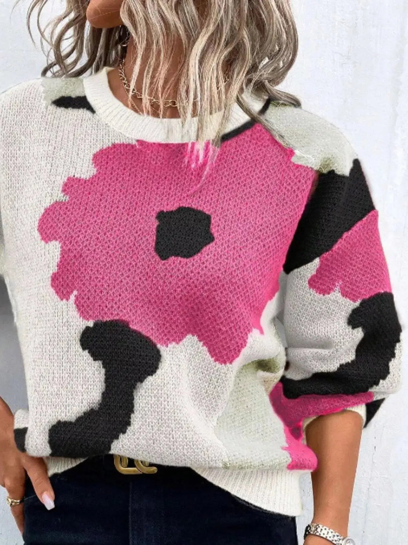 Floral Pattern Round Neck Sweater Simply Love