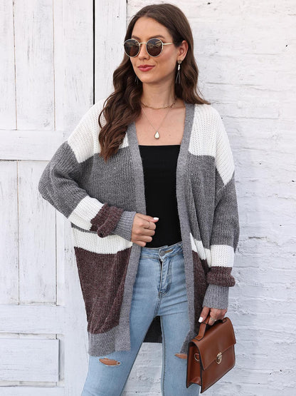 Color Block Open Front Cardigan.