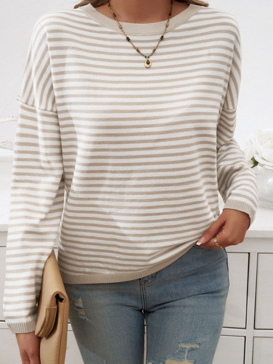 Striped Round Neck Dropped Shoulder Sweater.